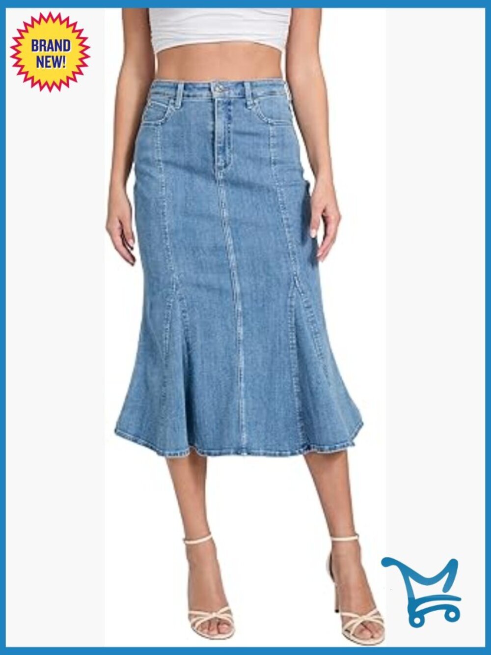 Lia Denim Midi Skirt with Flared Hem High Rise Fitted Recycled Cotton